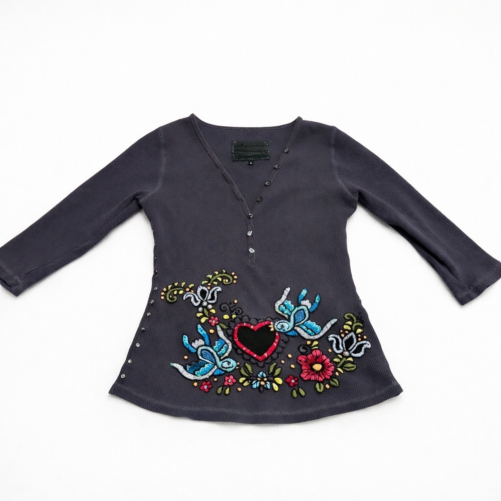 Y2K Tattoo Style Embroidered Henley Top Women's Small Whimsigoth‎ Boho